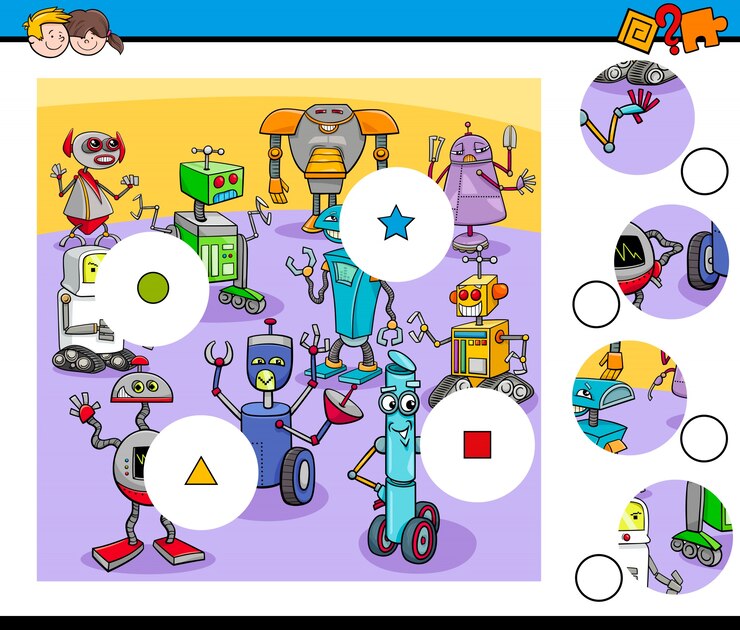 Vector match pieces puzzle with robot characters
