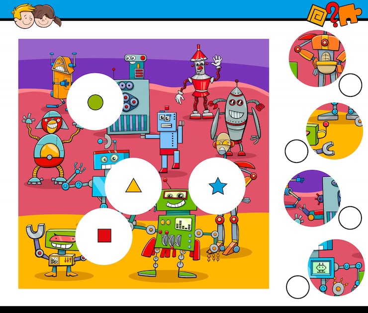 Vector match pieces puzzle with robots