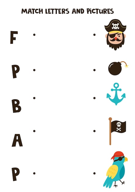 Match pirate objects and letters educational logical game for kids vocabulary worksheet