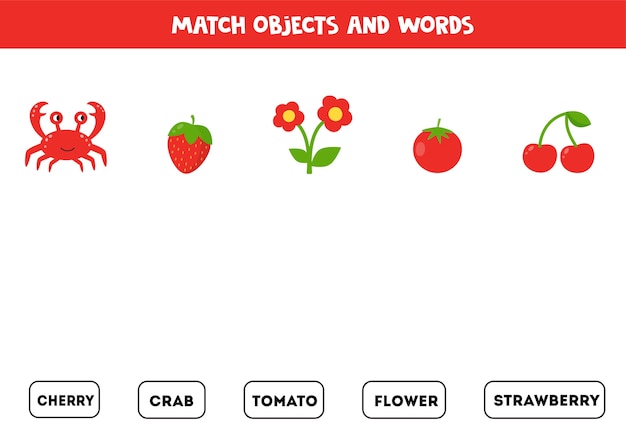 Match red objects with written objects. Educational worksheet for kids.