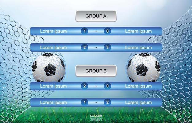 Vector match schedule background for soccer football cup with green grass field and light blurred bokeh background. soccer football tournament schedule. vector illustration.