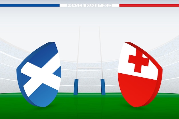 Match between Scotland and Tonga illustration of rugby flag icon on rugby stadium