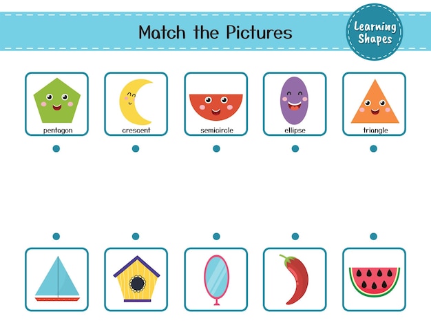 Match the shapes with objects Puzzle activity page for kids Learning shapes matching game