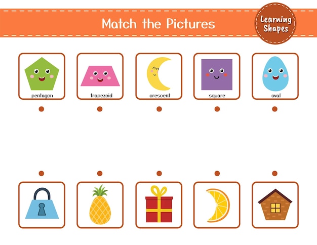 Match the shapes with objects Puzzle activity page for kids Learning shapes matching game