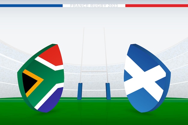 Match between South Africa and Scotland illustration of rugby flag icon on rugby stadium