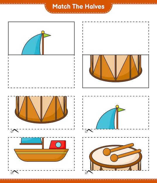 半分を一致させるボートとドラムの半分を一致させる教育用子供向けゲームの印刷可能なワークシート