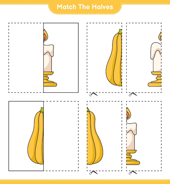 촛불과 버터넛 스쿼시 교육 어린이 게임 인쇄용 워크 시트 벡터 일러스트 레이션의 반쪽 일치