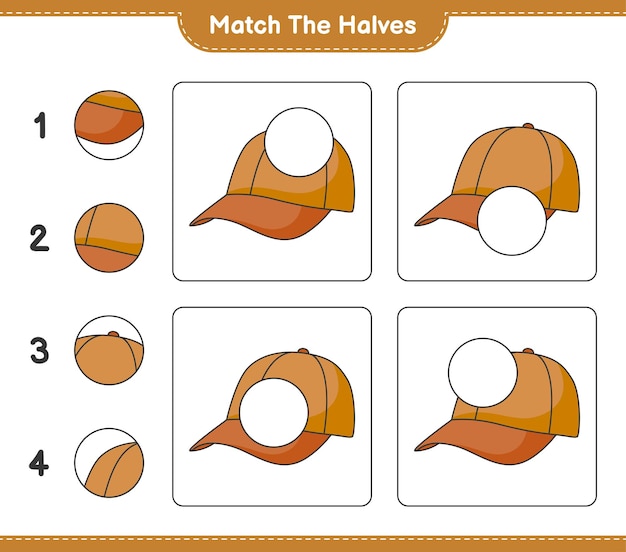 Совместите половинки. совместите половинки кепки шляпы. развивающая детская игра, лист для печати, векторные иллюстрации