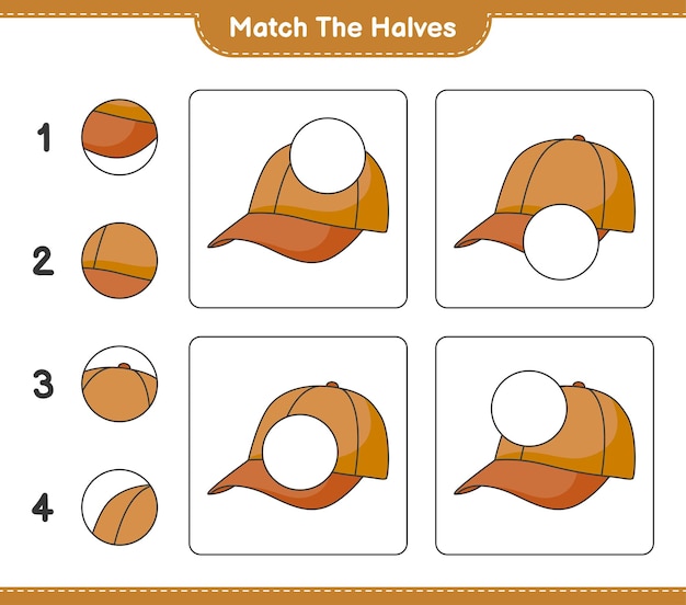 半分を一致させます。キャップハットの半分を一致させます。教育的な子供たちのゲーム、印刷可能なワークシート、ベクトル図