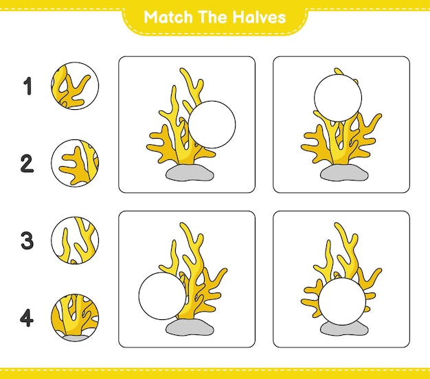 반쪽을 일치시킵니다. 산호의 절반을 일치시킵니다. 교육용 어린이 게임, 인쇄 가능한 워크시트