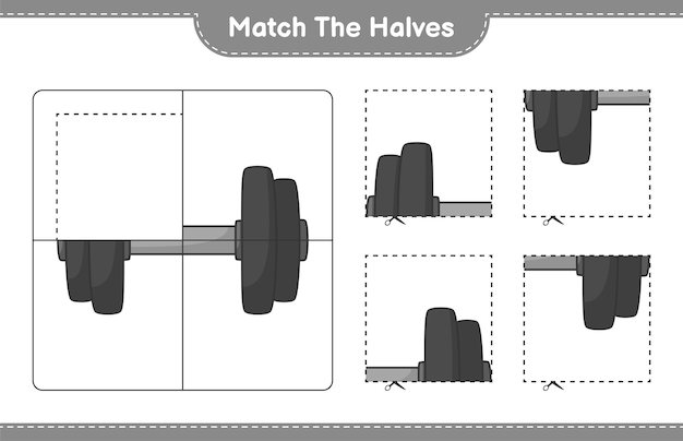반쪽을 일치시킵니다. 덤벨을 반으로 맞춥니다. 교육 어린이 게임, 인쇄용 워크시트, 벡터 일러스트 레이 션