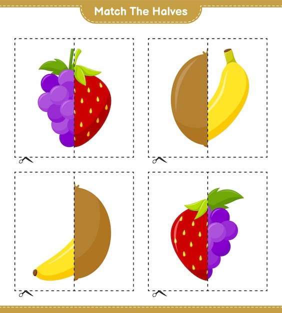 半分を一致させます。果物の半分を一致させます。教育的な子供向けゲーム、印刷可能なワークシート