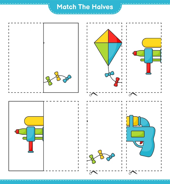 半分に合わせる凧と水鉄砲の半分に合わせる教育用子供向けゲームの印刷可能なワークシート