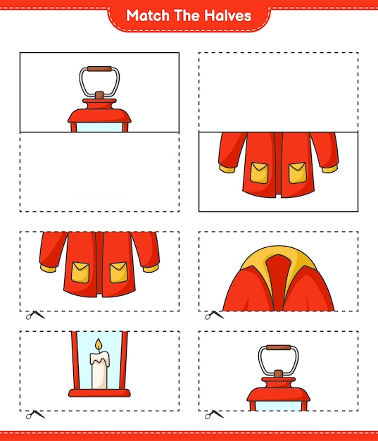 Сопоставьте половинки сопоставьте половинки фонаря и теплой одежды образовательная детская игра для печати векторная иллюстрация листа