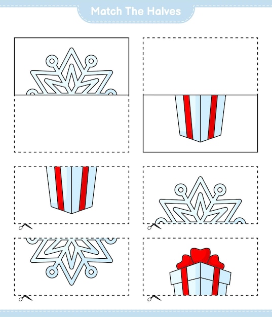 반쪽 일치 눈송이 및 선물 상자의 반쪽 일치 교육용 어린이 게임 인쇄 가능