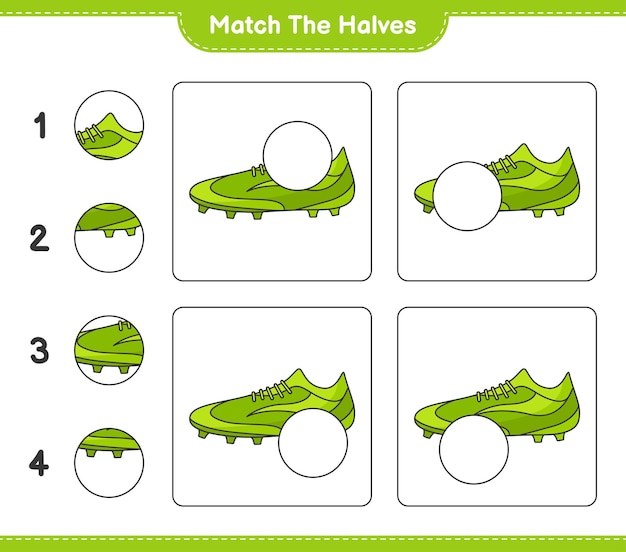반쪽을 일치시킵니다. 축구화의 절반을 일치시킵니다. 교육 어린이 게임, 인쇄용 워크시트, 벡터 일러스트 레이 션