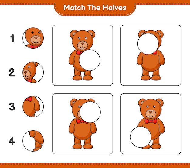 반쪽 일치 테디 베어 교육용 어린이 게임 인쇄용 워크시트의 반쪽 일치