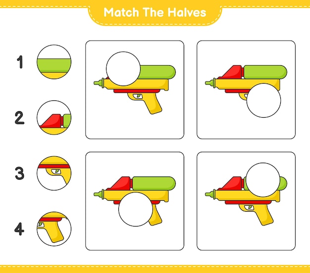 半分に合わせる水鉄砲の半分に合わせる教育用子供向けゲームの印刷可能なワークシート