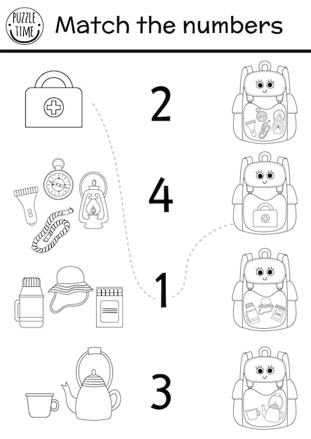 카와이 배낭 및 캠핑 장비로 숫자 흑백 게임 맞추기 랜턴 나침반으로 여름 캠프 수학 개요 활동 인쇄 가능한 계산 워크시트 또는 색칠 페이지xa