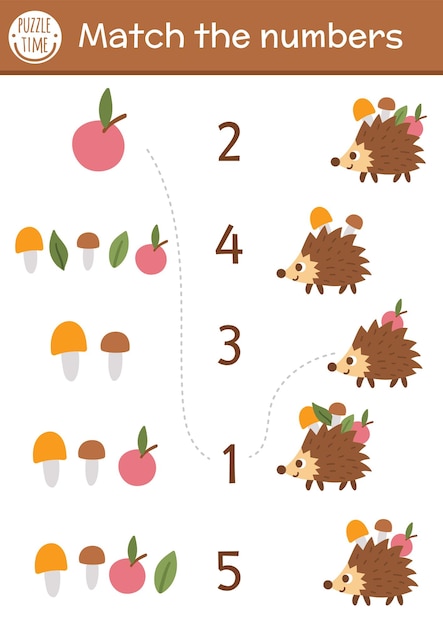 Сопоставьте числа с яблоками, грибами и забавным ежиком. лесная математика для детей дошкольного возраста с милым лесным животным.