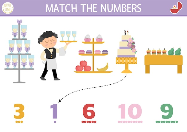 웨이터와 캔디 바와 함께 숫자를 일치시키는 결혼식 게임, 유치원 아이들을 위한 결혼식 수학 활동, 전통적인 휴일 음식 디저트와 함께 교육적 계산 작업표, 케이크