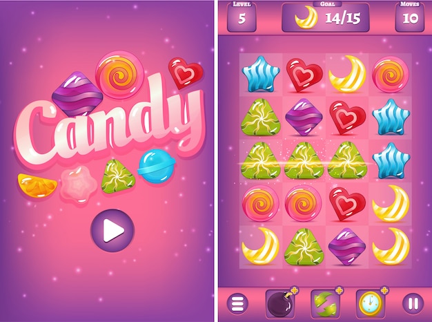 Match three game interface with candies and boosters