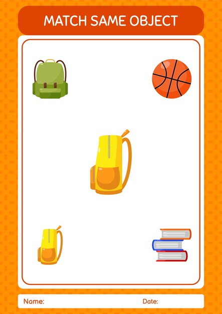 Match with same object game backpack worksheet for preschool kids kids activity sheet