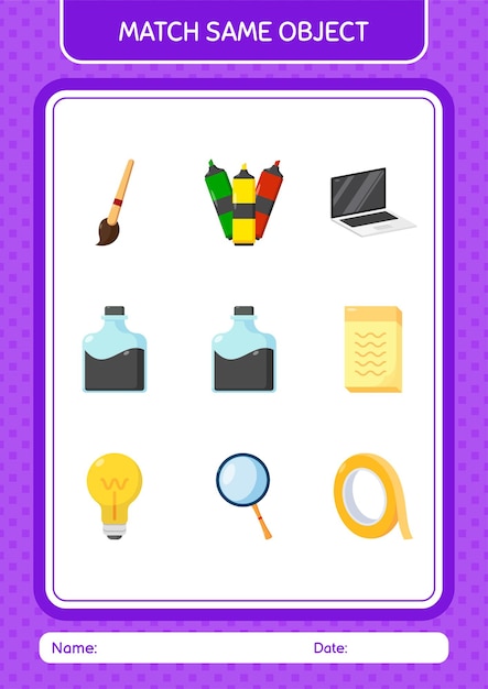 Match with same object game ink bottle worksheet for preschool kids kids activity sheet