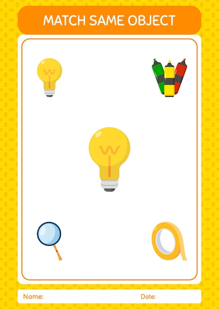 Match with same object game light bulb worksheet for preschool kids kids activity sheet