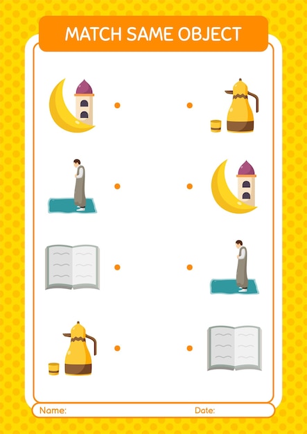Match with same object game ramadan icon worksheet for preschool kids kids activity sheet