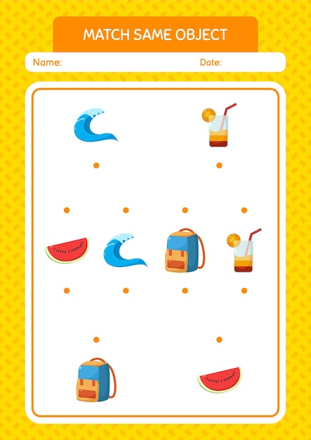 Match with same object game summer icon worksheet for preschool kids kids activity sheet