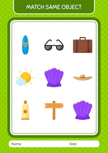 Match with same object game summer icon worksheet for preschool kids kids activity sheet