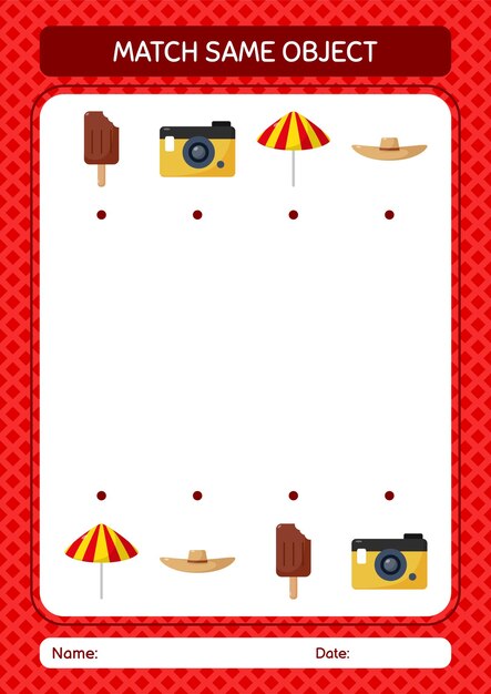 Match with same object game summer icon worksheet for preschool kids kids activity sheet