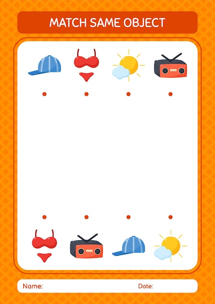 Match with same object game summer icon worksheet for preschool kids kids activity sheet