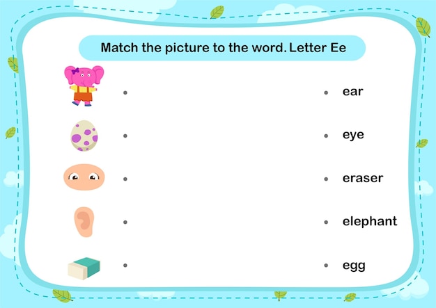 Match words with the correct pictures letter e illustration vector