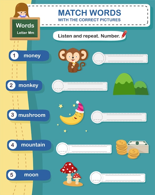 Match words with the correct pictures letter M illustration vector