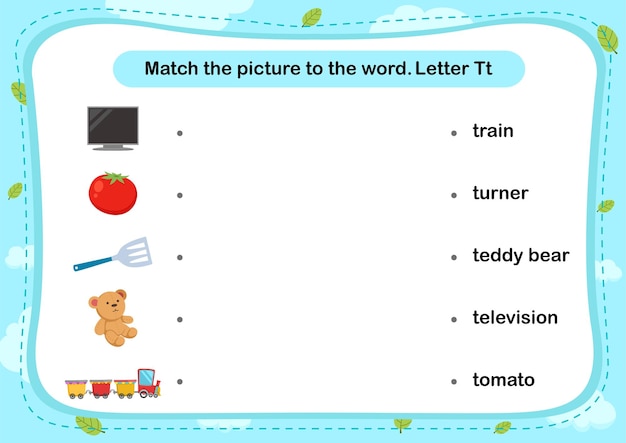 Match words with the correct pictures letter T illustration vector