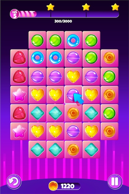 Match3 Candy Puzzle Game Screen Candy themed UI game buttons and set of colored candys