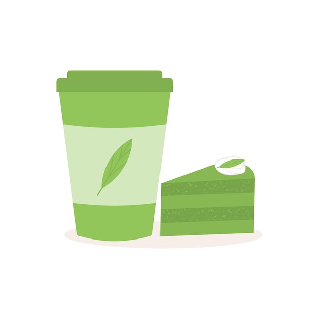 Matcha cup of tea and cake Delicious breakfast Asian drink and biscuit Flat vector illustration