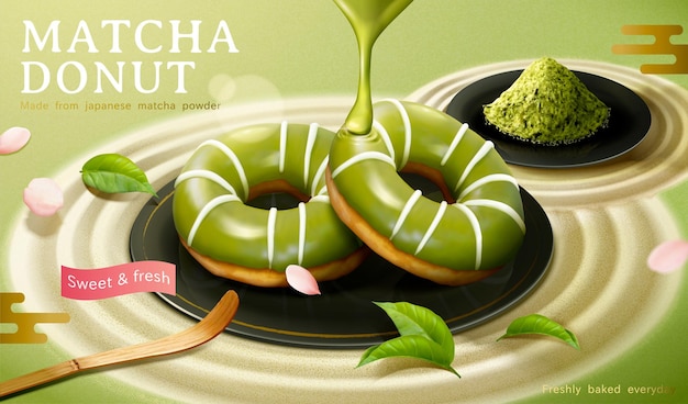 Vettore annuncio di ciambella glassata al matcha