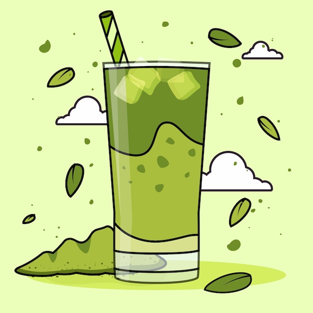 Vector matcha green tea with ice cubes vector illustration hand drawn