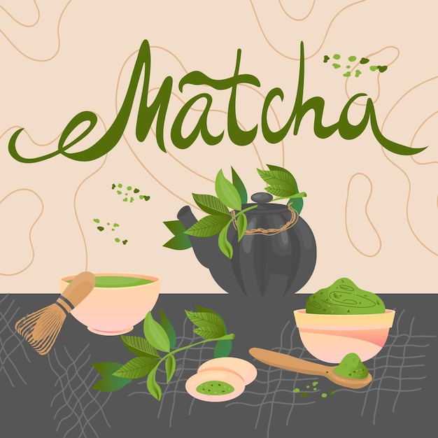 Matcha groene theekaart met theepot en zoete koekjes platte vectorillustratie