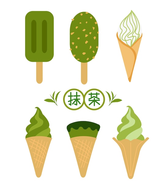 Vector matcha-ijs instellen vector vlakke stijl doodle illustratie van chinees woord symbool van matcha