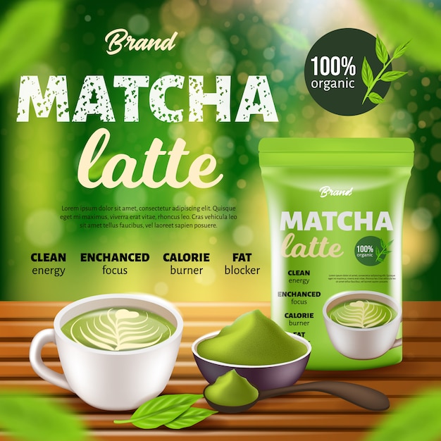 Vector matcha latte coffee promo banner, doy pack, cup