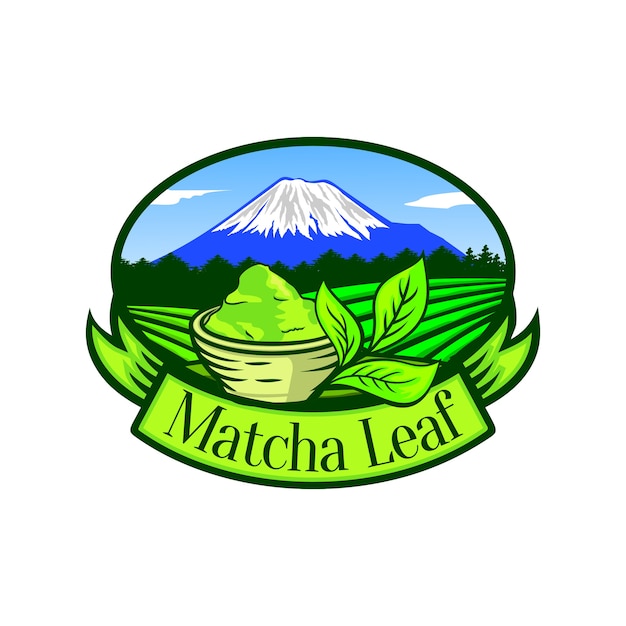 Matcha Leaf met berg achtergrond Logo sjabloon