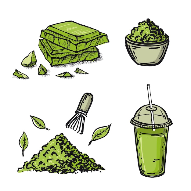 Matcha set illustrazioni disegnate a mano vector