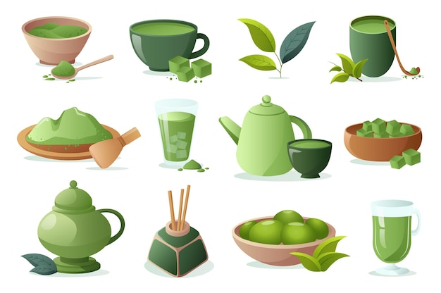 Vettore set matcha questa illustrazione è un set matcha in stile cartone animato dal design piatto