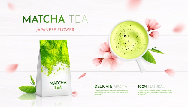 Tè matcha che fa pubblicità alla composizione realistica delle foglie dei fiori e dell'illustrazione della tazza di tè