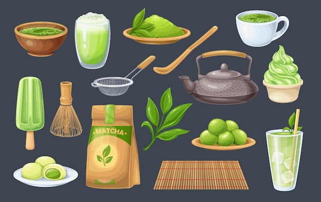 Matcha tea ceremony icons set. japanese traditional matcha powder green tea, green candy truffles, latte with coconut whipped cream, whisk, bamboo spoon, tea sprig with leaves and ets.