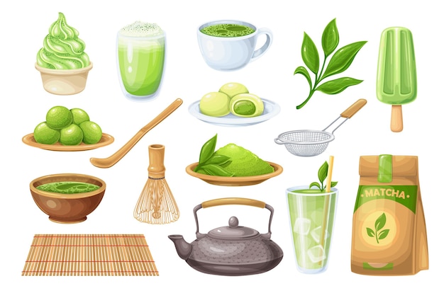 Matcha tea ceremony icons set